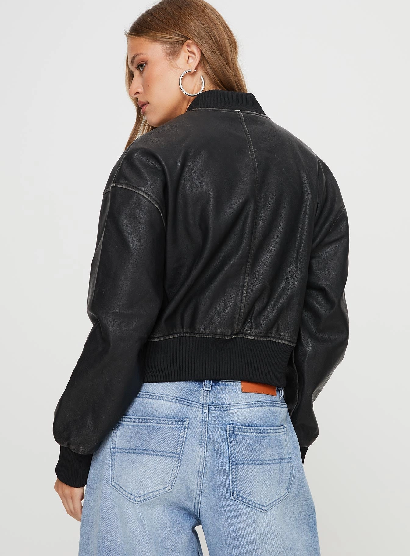 Multi Purpose Loops Matte Surface Texture Sweet Disaster Faux Leather Cropped Bomber Jacket Black