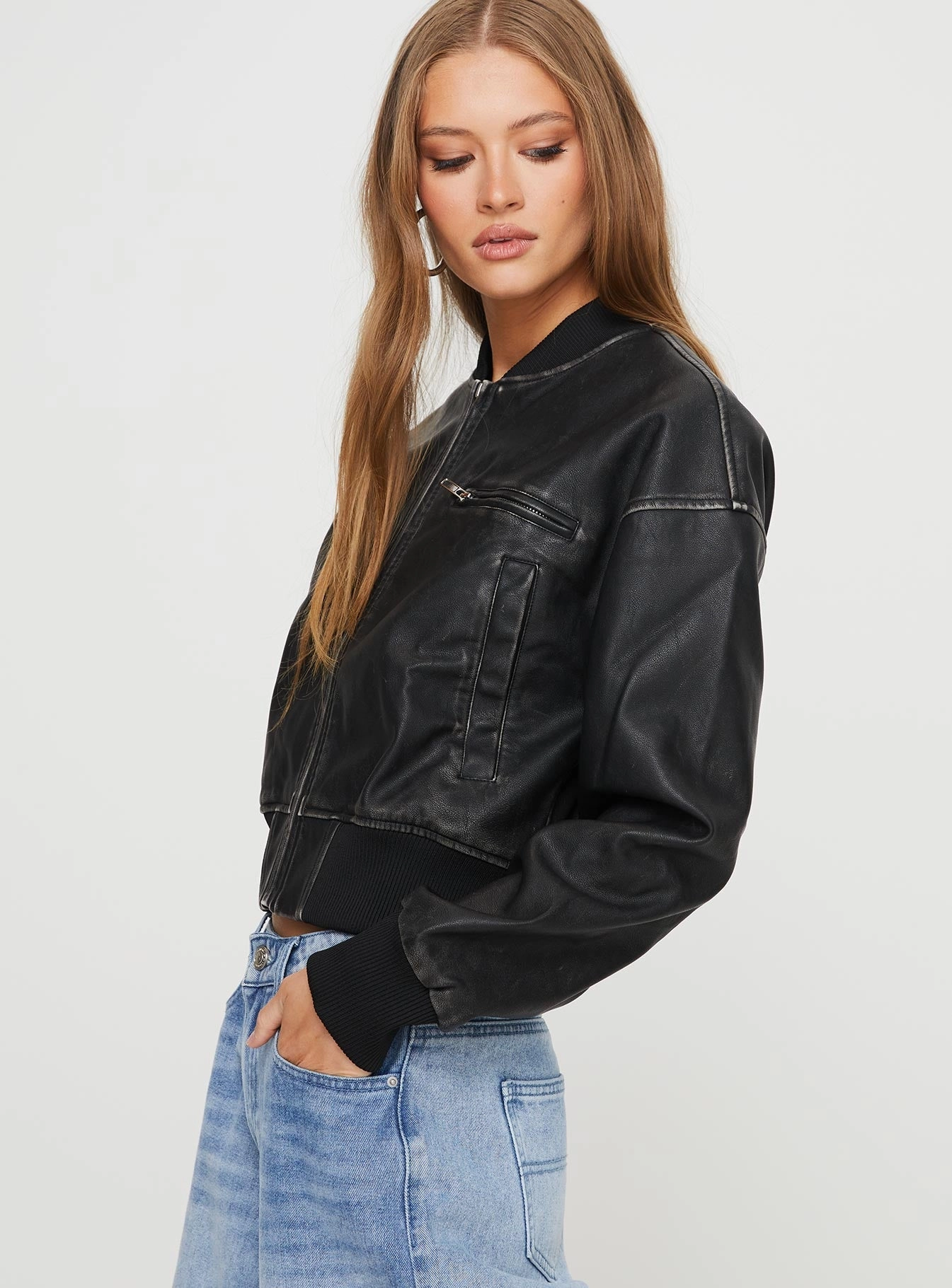 Sweet Disaster Faux Leather Cropped Bomber Jacket Black Non Bulky Insulation Detachable Layer