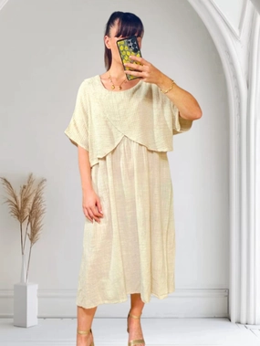 Layering-Piece Solid-color Wrap Cotton Dress Beige