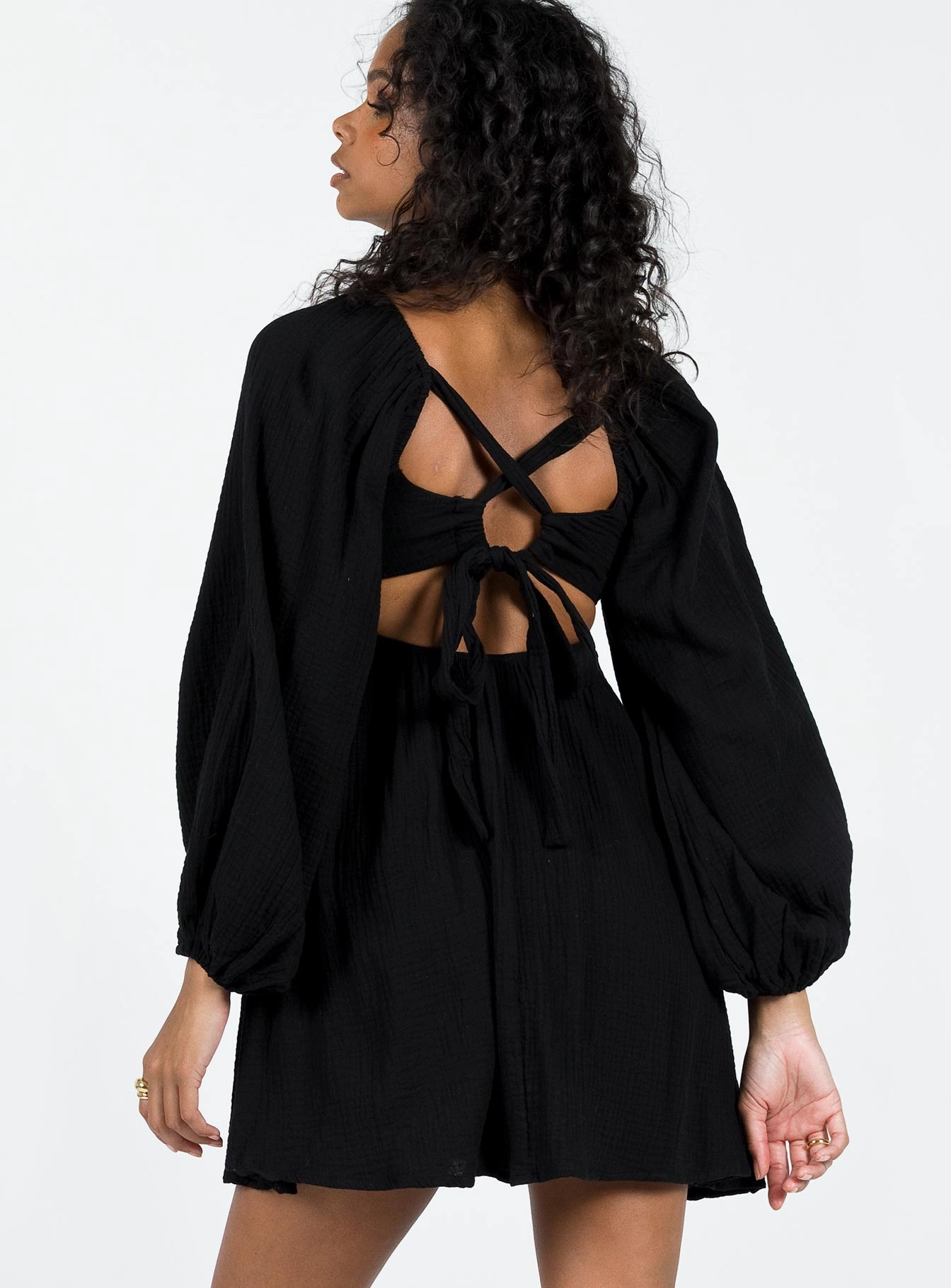 Feminine Line ReinforcedHem Let's Dance Mini Long Sleeve Dress Black