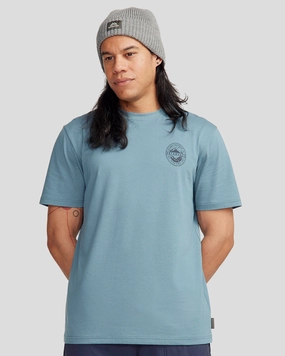 Men's Outdoor Equipment Co Organic Cotton T-shirt - Washed Blue Travel Wear Ribbed Collar Design