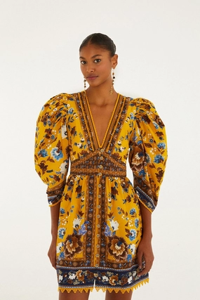 Yellow Flowering Garden Tree Mini Dress Travel Friendly Sheer-Overlay Style Base