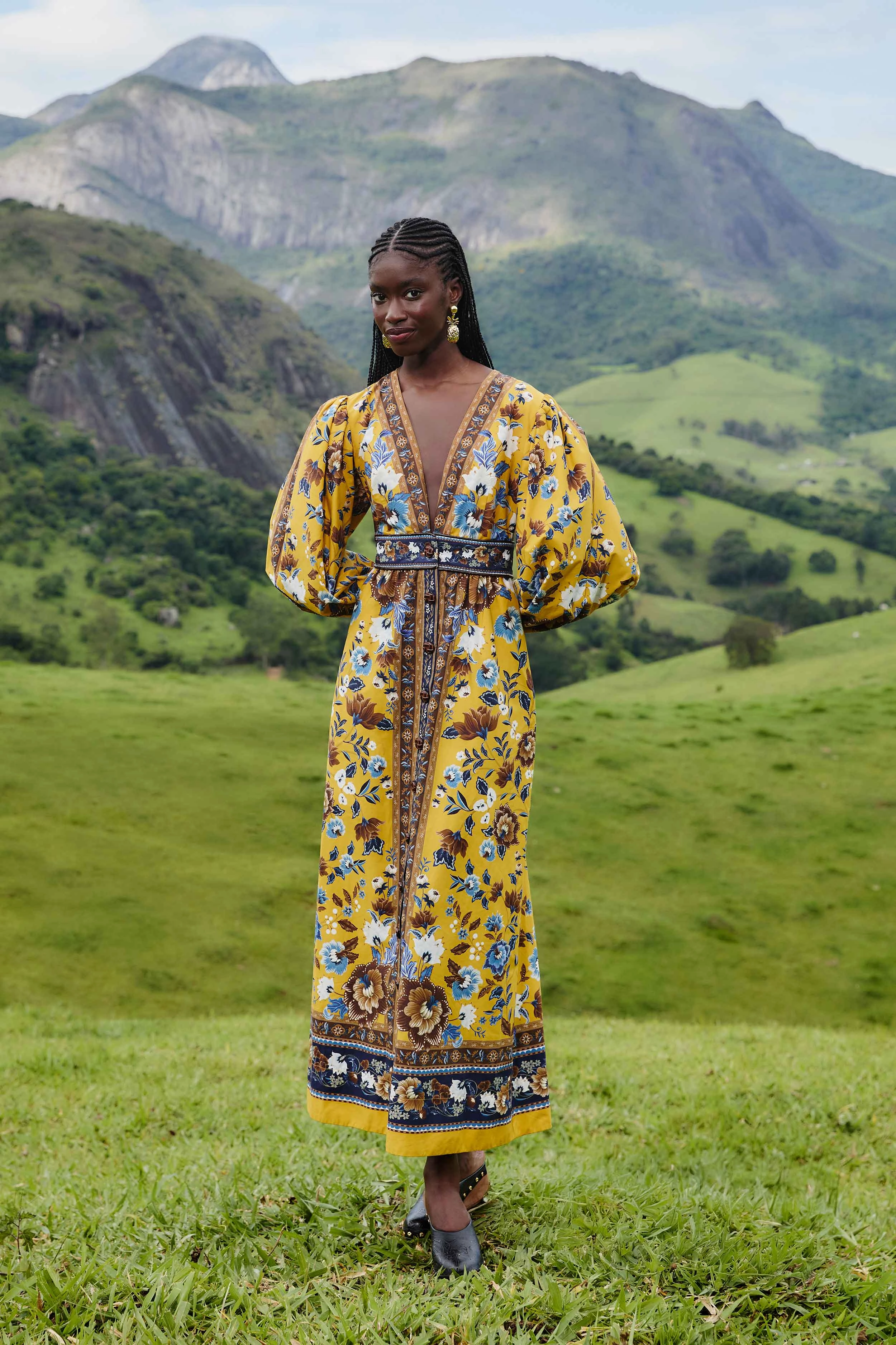 Luxe Comfort Casual Layering Yellow Flowering Garden Tree Organic Cotton Maxi Dress RollUp Sleeve Option