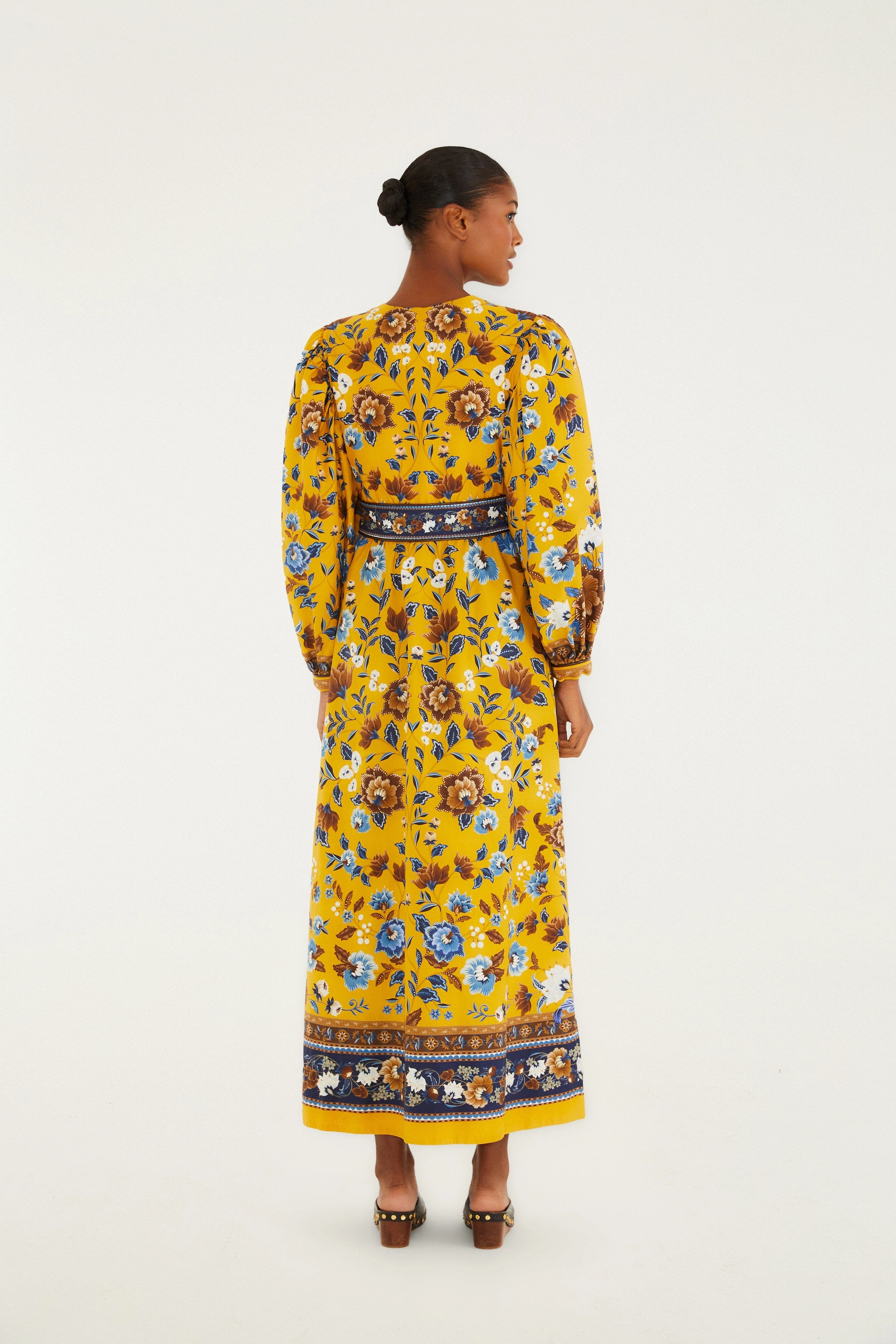 Classic Flow Metallic-Shine Yellow Flowering Garden Tree Organic Cotton Maxi Dress RollUp Sleeve Option