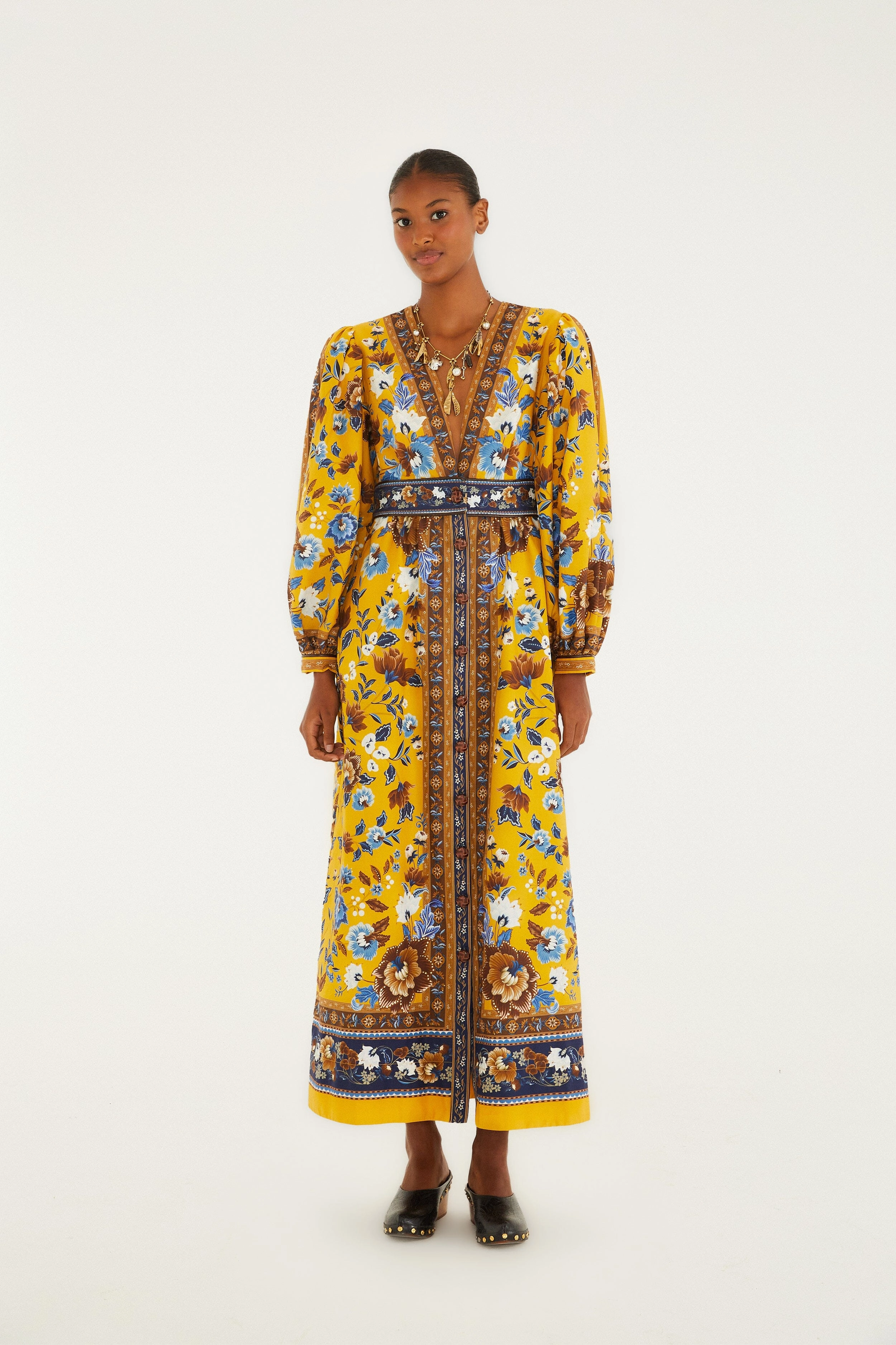 Chill Mode Ruffle Detail Yellow Flowering Garden Tree Organic Cotton Maxi Dress RollUp Sleeve Option