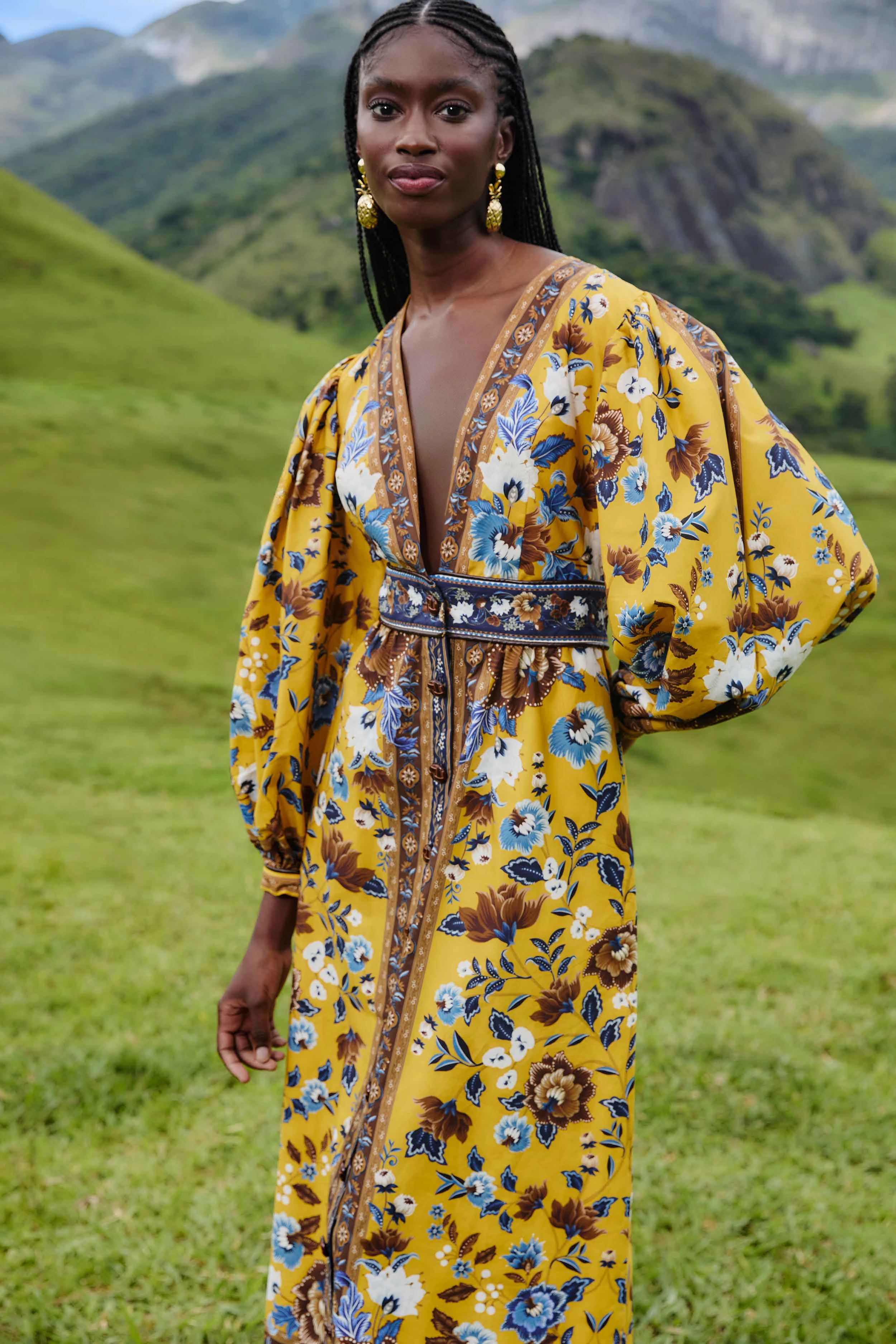Dreamy Motion Yellow Flowering Garden Tree Organic Cotton Maxi Dress RollUp Sleeve Option