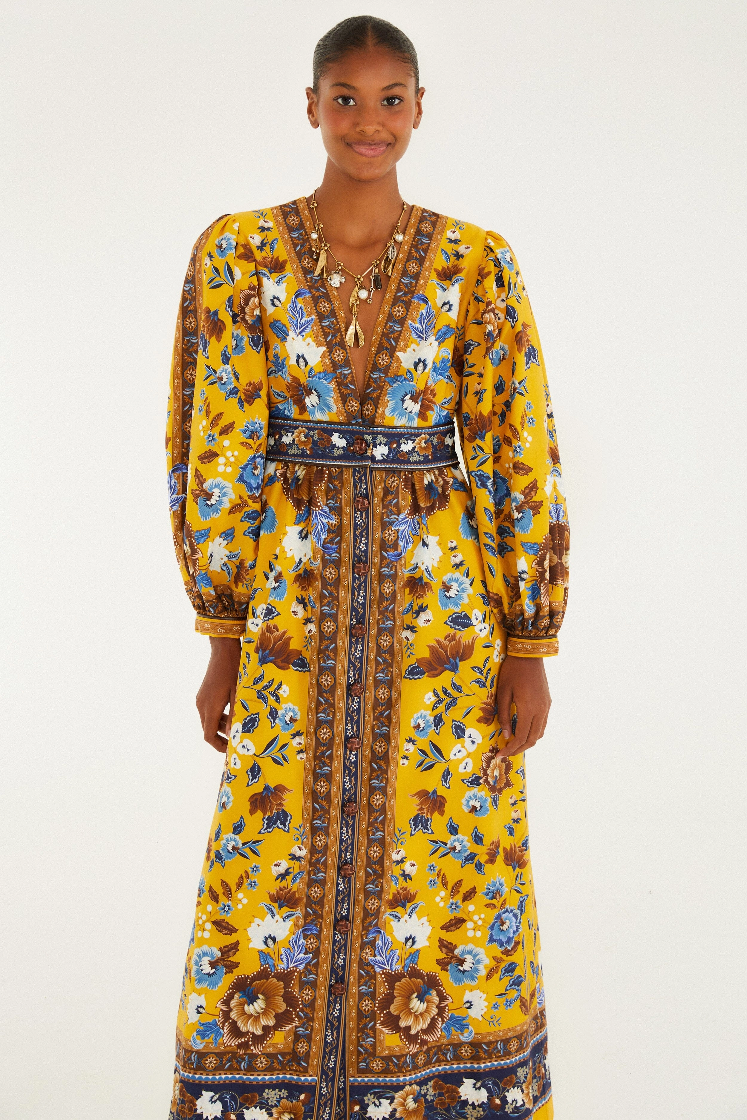 Yellow Flowering Garden Tree Organic Cotton Maxi Dress RollUp Sleeve Option Sophisticated and Relaxed Stylish and Simple