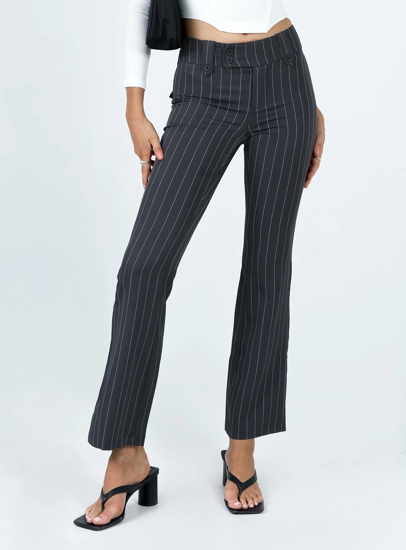 Lightweight Fabric NonBindingWaistline Yianna Low Waist Flare Pant Grey Pinstripe