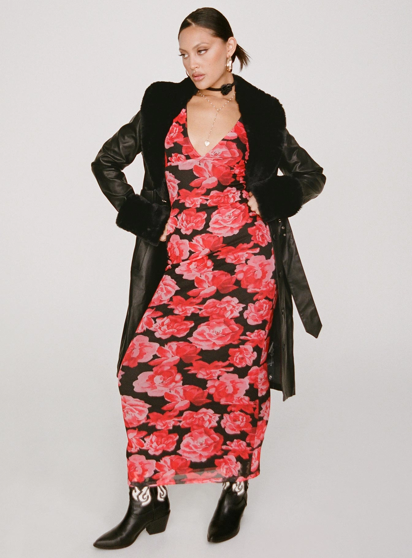 Lauers Maxi Dress Red Floral / Black Anti-Static-Finish Lazy Pick