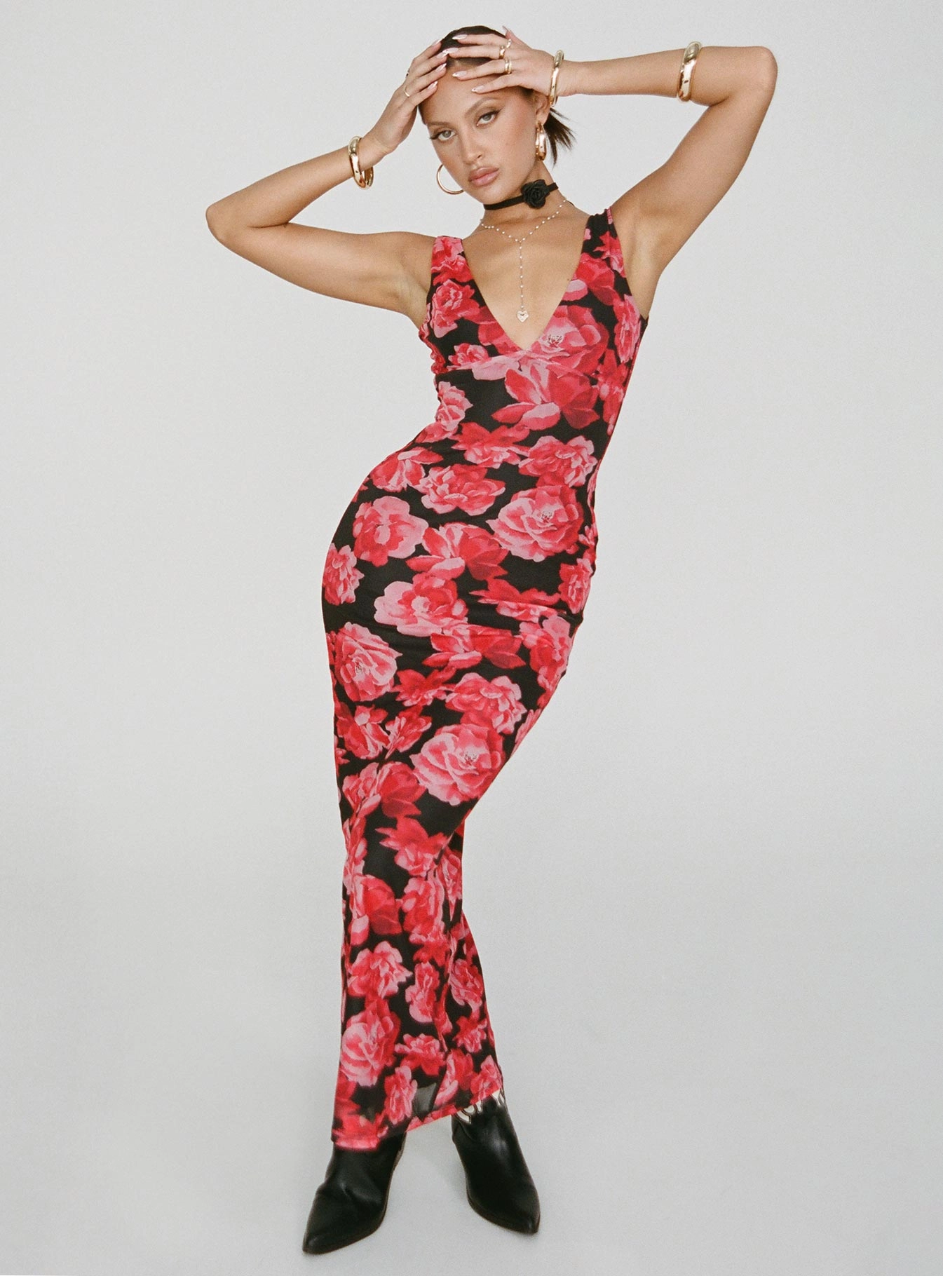 Lauers Maxi Dress Red Floral / Black Formal dinner wear