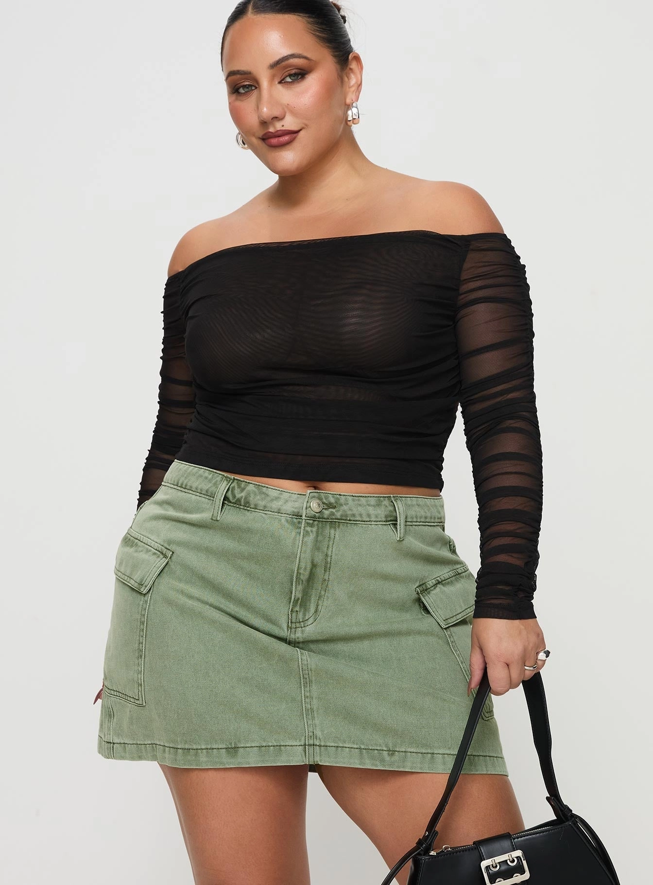 Zakai Cargo Denim Mini Skirt Green Curve Smooth Look Gathered waist