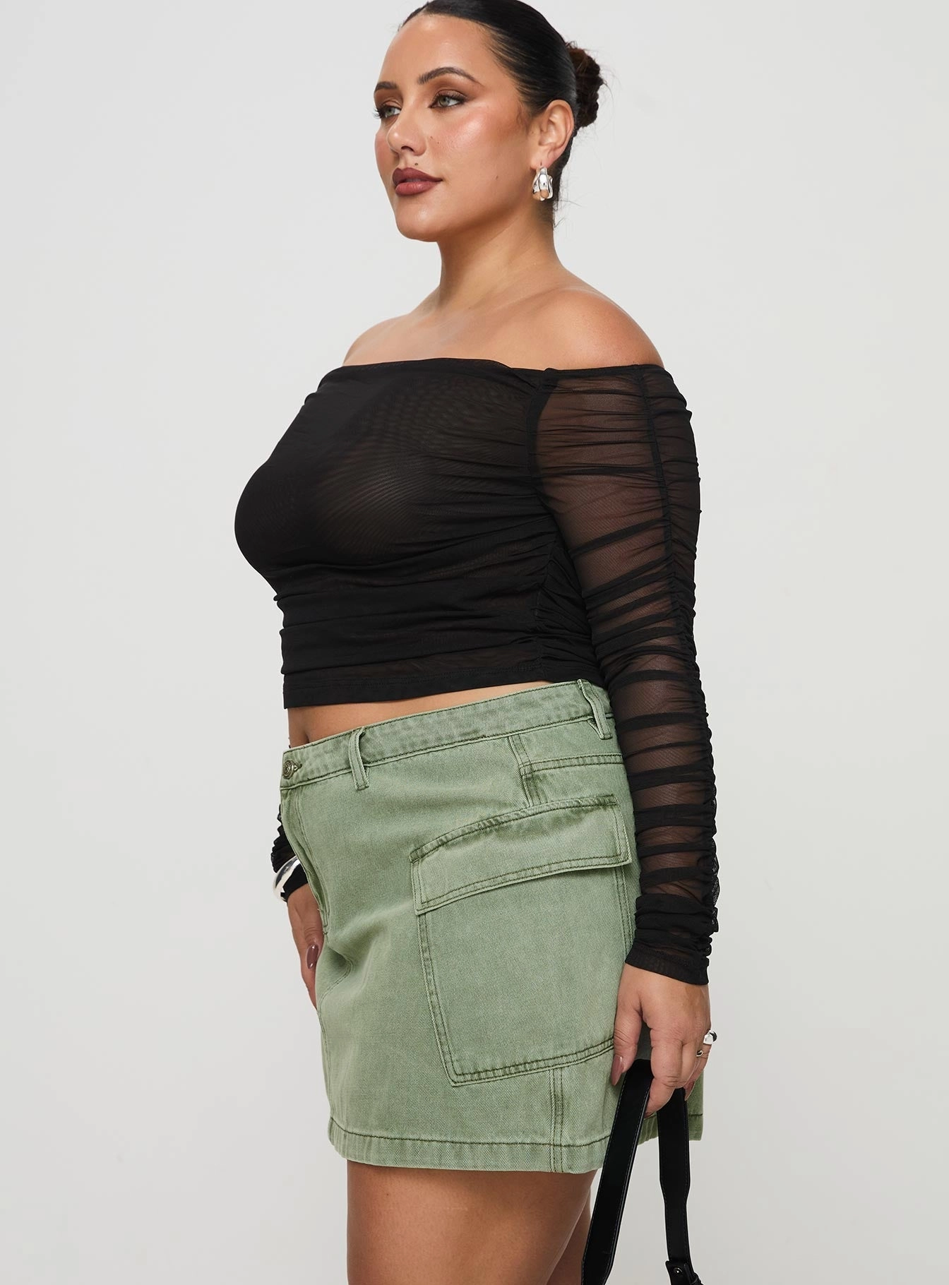 Leg Elongating Sustainable Innovation Zakai Cargo Denim Mini Skirt Green Curve