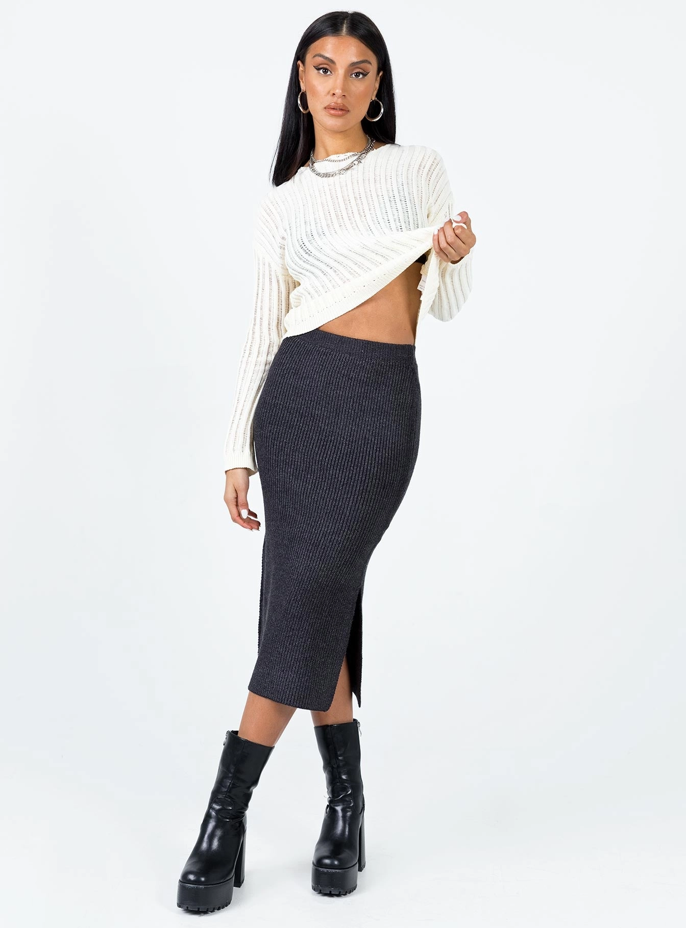 Double Layered Design Satin feel Zanna Midi Skirt Slate