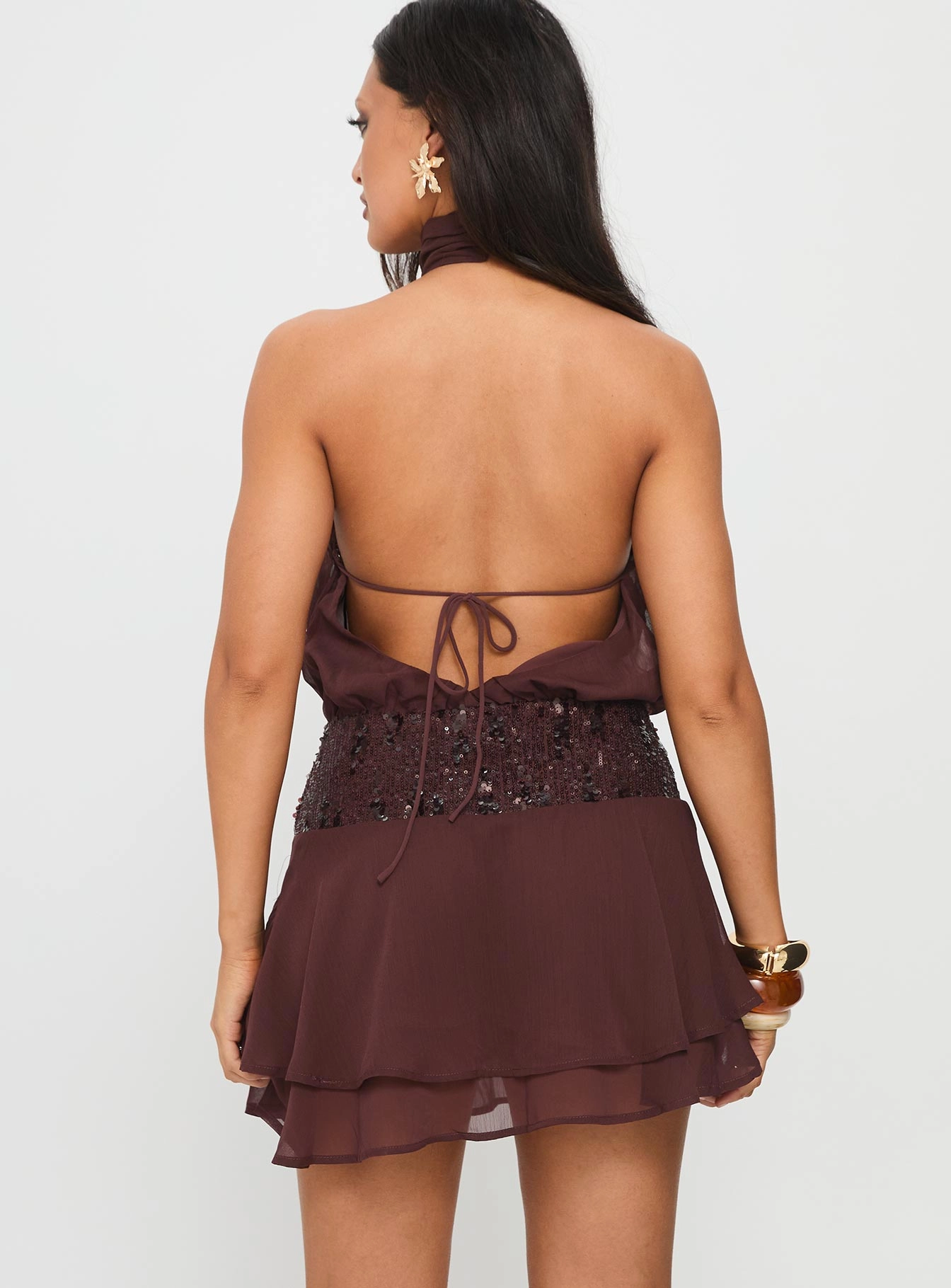 Zenayda Drop Waist Sequin Mini Dress Brown Airy Feel