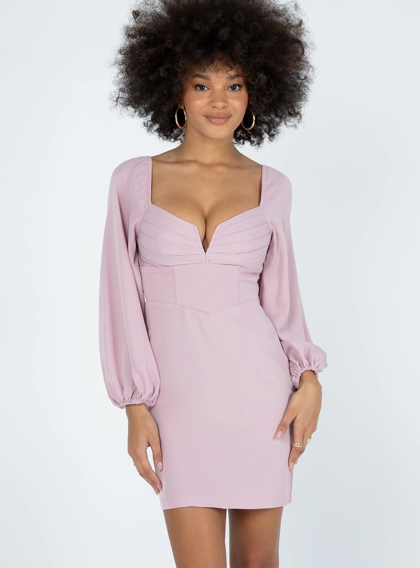 French Vibe Velvet-Edge Zoella Long Sleeve Mini Dress Pink